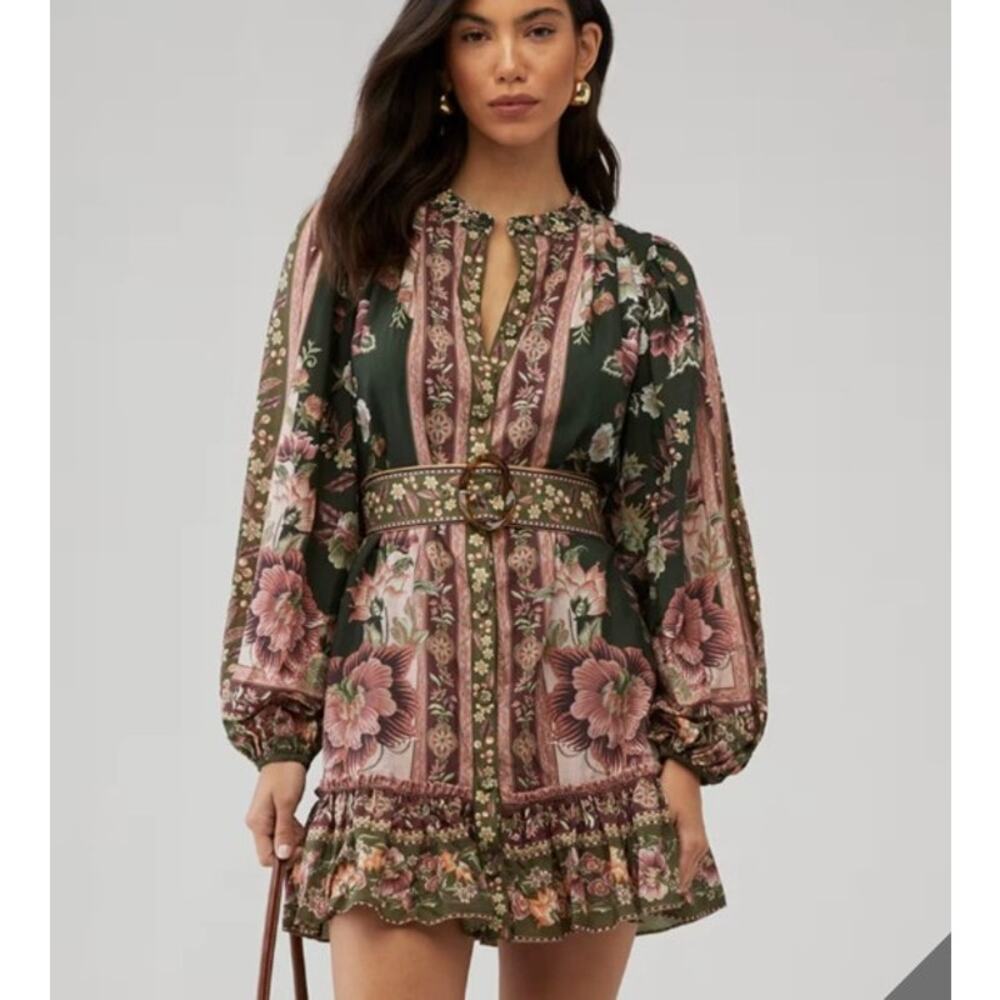 NWT FARM Rio Flowering Garden Tree Green XS Mini Dress puff sleeves ruffled hem